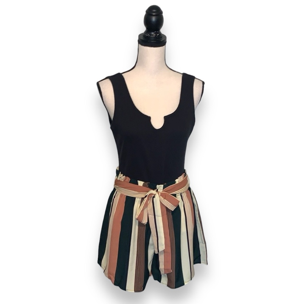 Black Ribbed Tank Top Paper Bag Shorts Romper